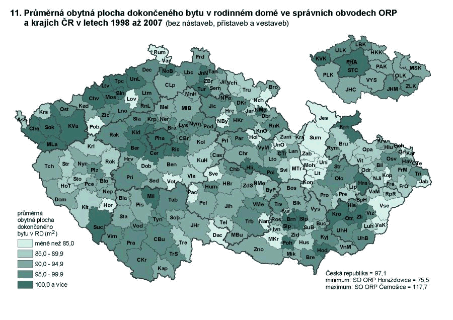 Kartogram 11. Průměrná obytná plocha dokončeného bytu v rodinném domě ve správních obvodech ORP a krajích ČR v letech 1998 až 2007 (bez nástaveb, přístaveb a vestaveb)